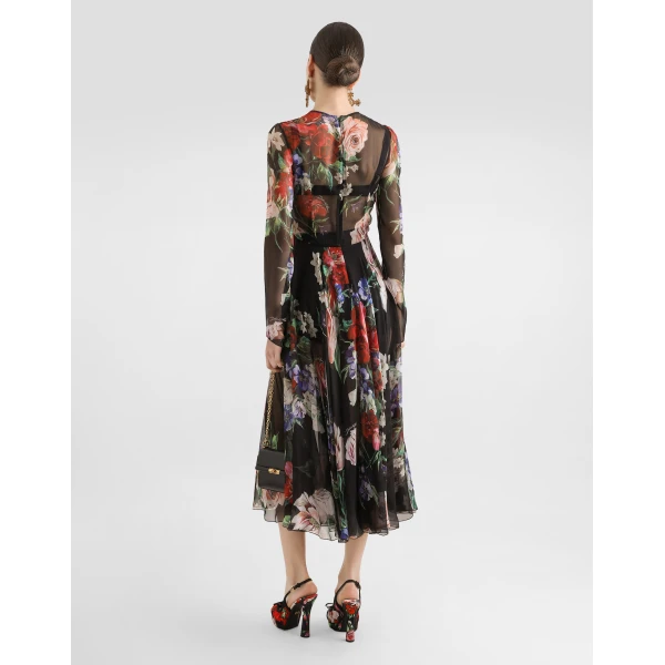 Dolce & Gabbana Floral-print chiffon calf-length dress with circle skirt, view 3