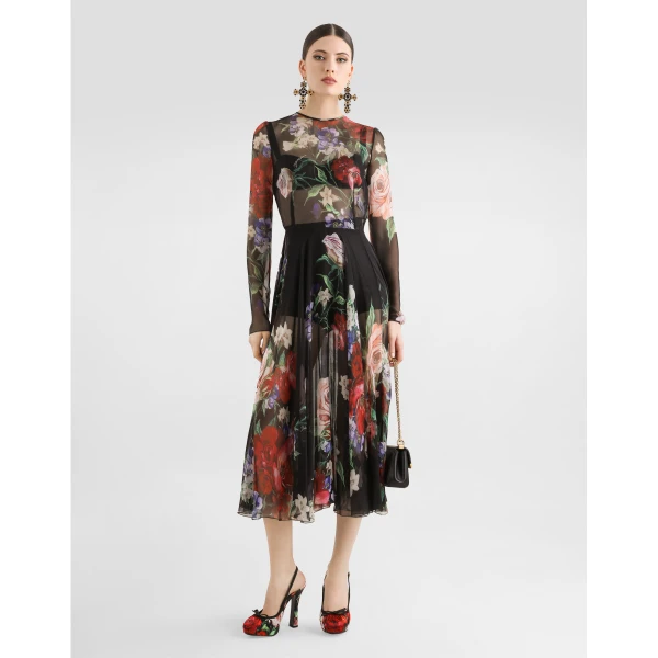 Dolce & Gabbana Floral-print chiffon calf-length dress with circle skirt, view 5