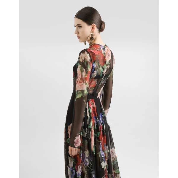 Dolce & Gabbana Floral-print chiffon calf-length dress with circle skirt, view 6