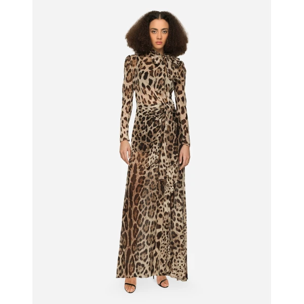 Dolce & Gabbana Georgette dress with leopard print and tie details, view 2