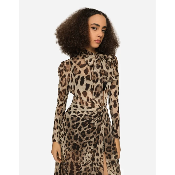 Dolce & Gabbana Georgette dress with leopard print and tie details, view 4