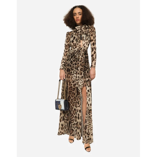 Dolce & Gabbana Georgette dress with leopard print and tie details, view 5