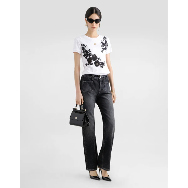 Dolce & Gabbana Jersey T-shirt with DG logo pin and lace details Top, view 2