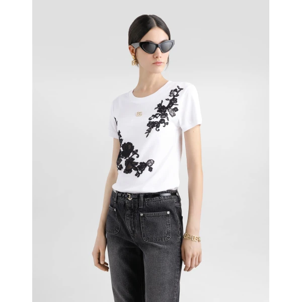 Dolce & Gabbana Jersey T-shirt with DG logo pin and lace details Top, view 4