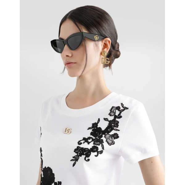 Dolce & Gabbana Jersey T-shirt with DG logo pin and lace details Top, view 5