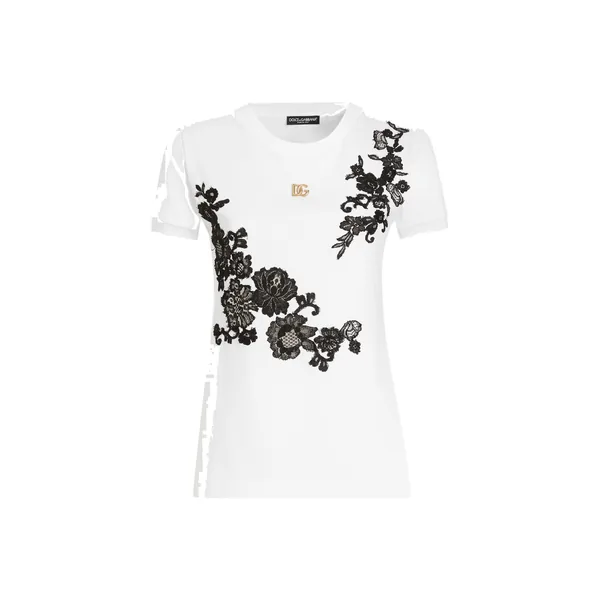 Dolce & Gabbana Jersey T-shirt with DG logo pin and lace details Top