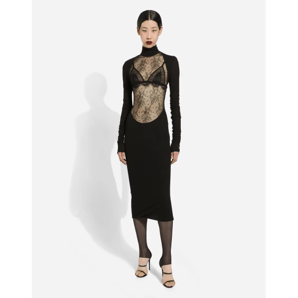 Dolce & Gabbana Jersey calf-length dress with Chantilly lace insert, view 3