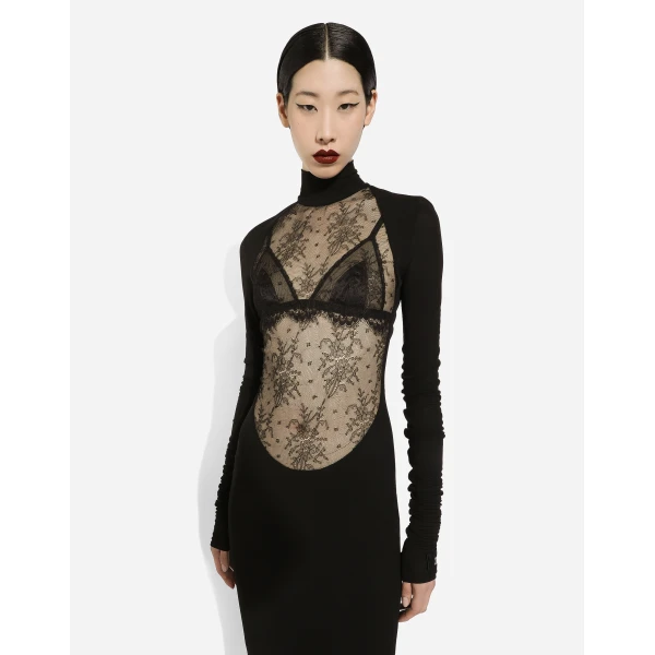 Dolce & Gabbana Jersey calf-length dress with Chantilly lace insert, view 6
