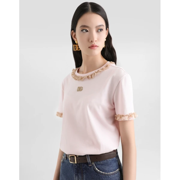 Dolce & Gabbana Jersey t-shirt with lace and embroidery Top, view 4