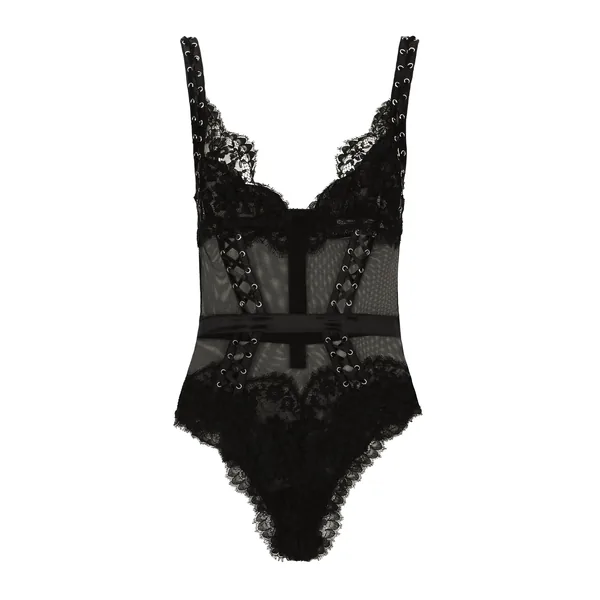 Lace and tulle bodysuit with lacing and eyelets
