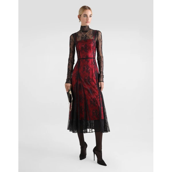 Dolce & Gabbana Lace calf-length dress with high neck and contrasting lining, view 2