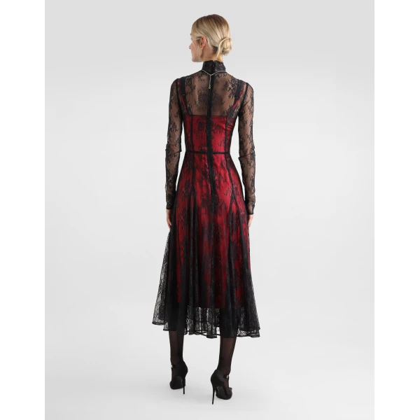 Dolce & Gabbana Lace calf-length dress with high neck and contrasting lining, view 3