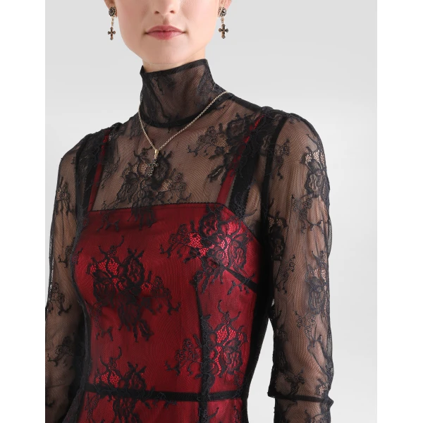 Dolce & Gabbana Lace calf-length dress with high neck and contrasting lining, view 4