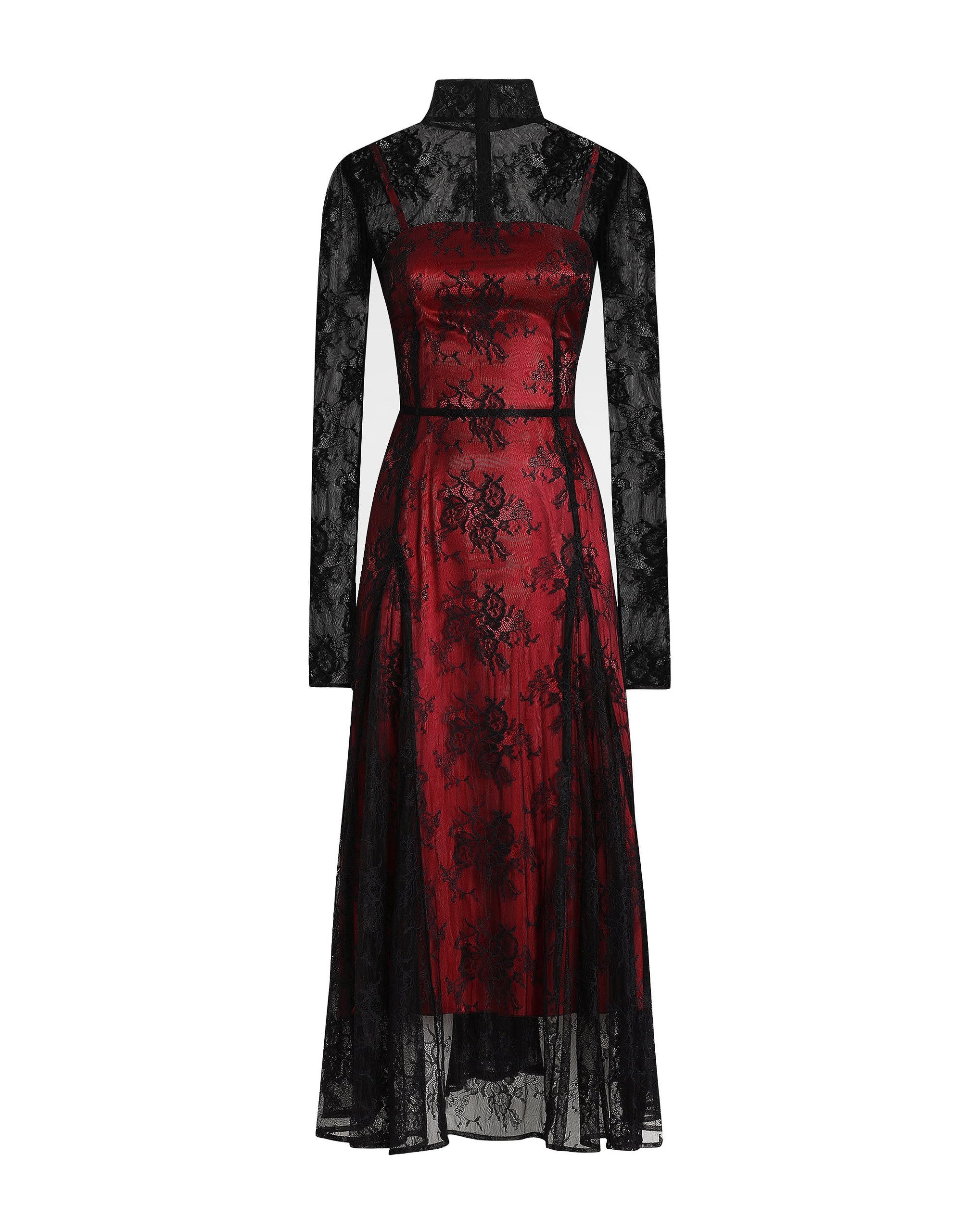Dolce & Gabbana Lace calf-length dress with high neck and contrasting lining
