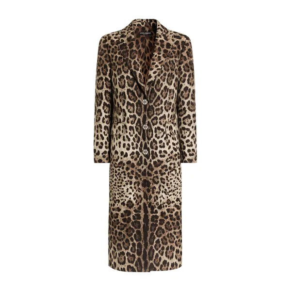 Leo-print brocade single-breasted coat with jewel buttons