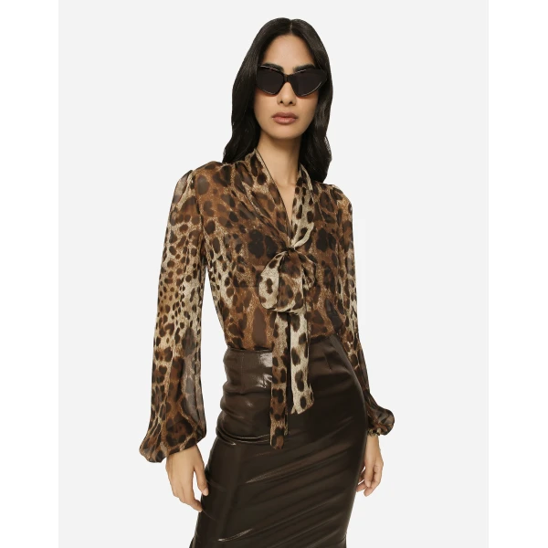 Dolce & Gabbana Leopard-print chiffon pussy-bow shirt, view 4