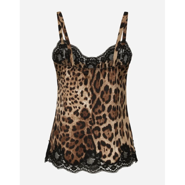 Dolce & Gabbana Leopard-print satin lingerie-style top with lace detailing, view 2