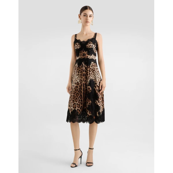 Dolce & Gabbana Leopard-print satin midi lingerie-style dress with lace trims, view 2