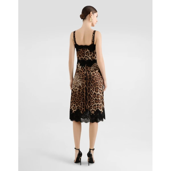 Dolce & Gabbana Leopard-print satin midi lingerie-style dress with lace trims, view 3