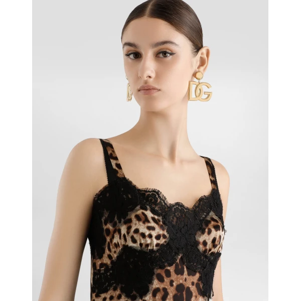 Dolce & Gabbana Leopard-print satin midi lingerie-style dress with lace trims, view 4