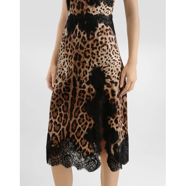 Dolce & Gabbana Leopard-print satin midi lingerie-style dress with lace trims, view 6