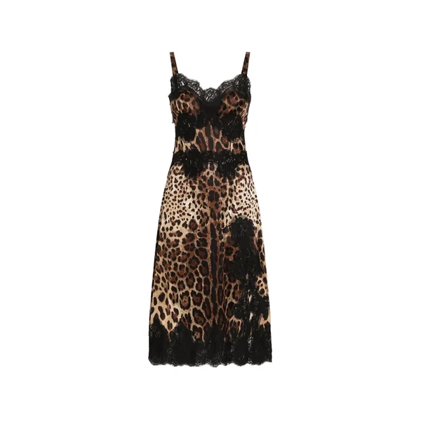 Dolce & Gabbana Leopard-print satin midi lingerie-style dress with lace trims