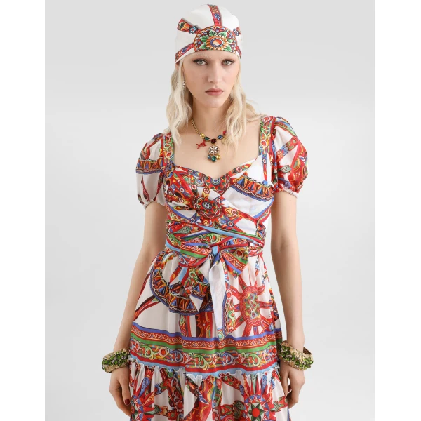 Dolce & Gabbana Long batiste dress with carretto-print, view 4