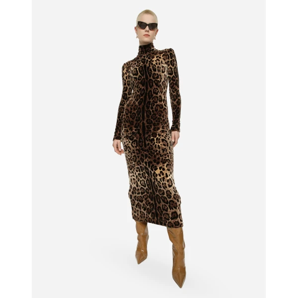 Dolce & Gabbana Long chenille dress with jacquard leopard design, view 2