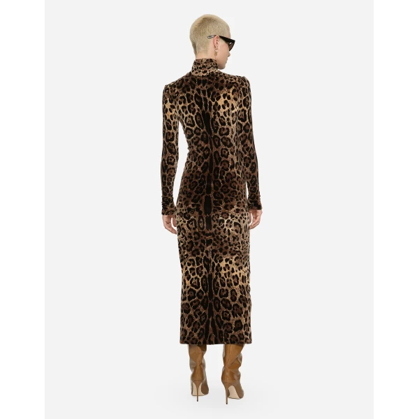 Dolce & Gabbana Long chenille dress with jacquard leopard design, view 3