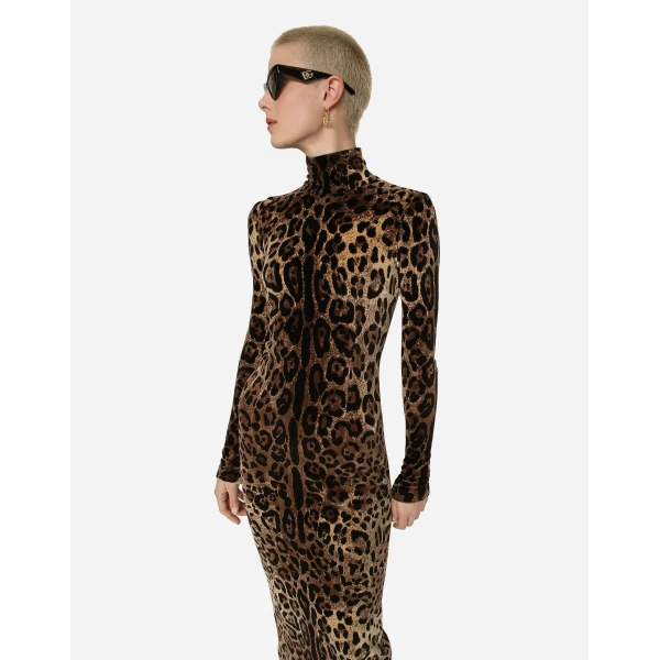 Dolce & Gabbana Long chenille dress with jacquard leopard design, view 4
