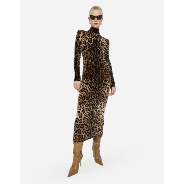 Dolce & Gabbana Long chenille dress with jacquard leopard design, view 5