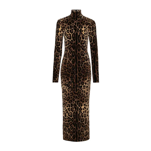 Dolce & Gabbana Long chenille dress with jacquard leopard design
