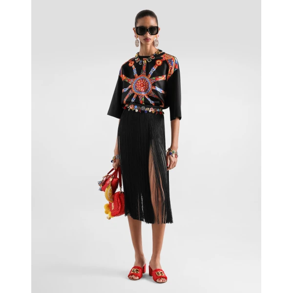 Dolce & Gabbana Long fringed skirt in satin, view 2