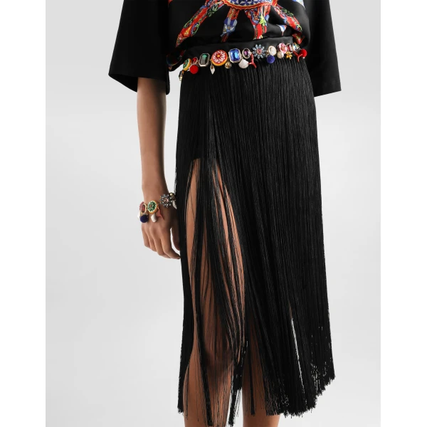 Dolce & Gabbana Long fringed skirt in satin, view 4