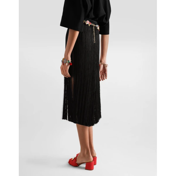 Dolce & Gabbana Long fringed skirt in satin, view 5