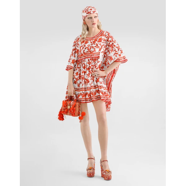 Dolce & Gabbana Long kaftan dress in majolica-print cotton, view 2