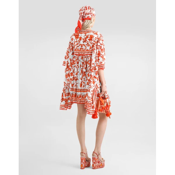 Dolce & Gabbana Long kaftan dress in majolica-print cotton, view 3