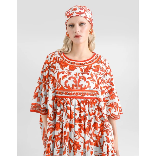 Dolce & Gabbana Long kaftan dress in majolica-print cotton, view 4