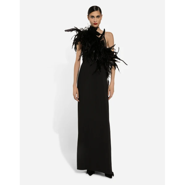 Dolce & Gabbana Long one-shoulder stretch cady dress with feathered neckline, view 2