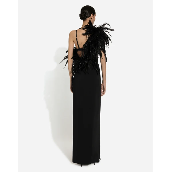 Dolce & Gabbana Long one-shoulder stretch cady dress with feathered neckline, view 3