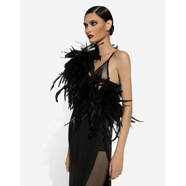Dolce & Gabbana Long one-shoulder stretch cady dress with feathered neckline, view 4