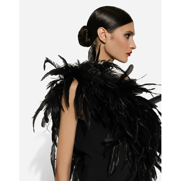 Dolce & Gabbana Long one-shoulder stretch cady dress with feathered neckline, view 5