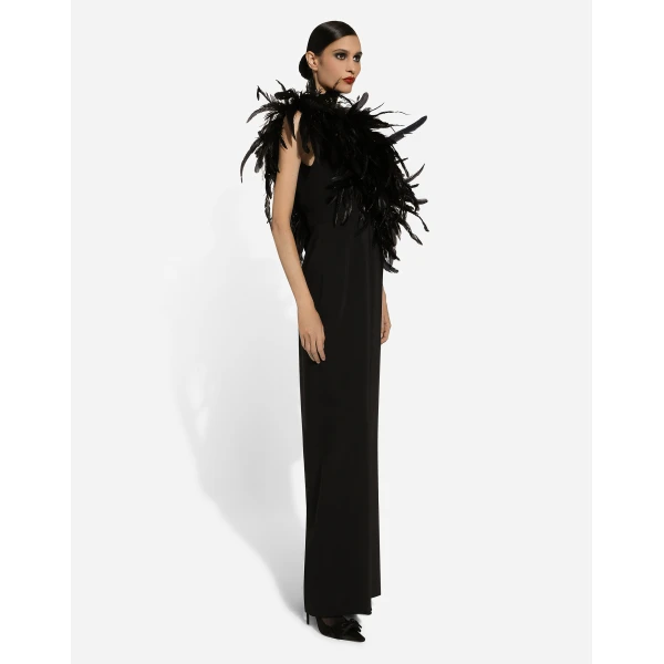 Dolce & Gabbana Long one-shoulder stretch cady dress with feathered neckline, view 6