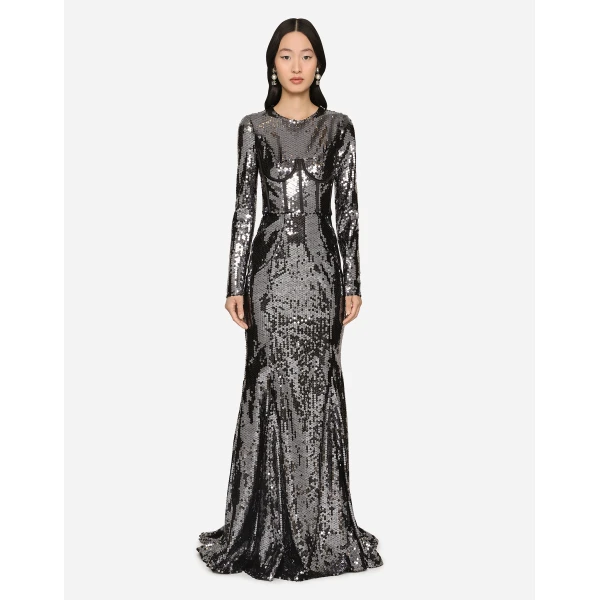 Dolce & Gabbana Long sequined dress with corset detailing, view 2