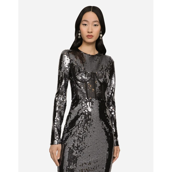 Dolce & Gabbana Long sequined dress with corset detailing, view 4