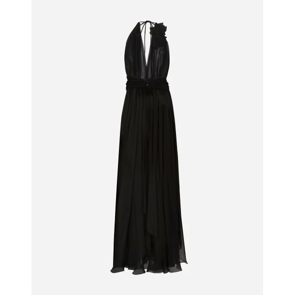 Dolce & Gabbana Long silk chiffon dress with floral appliqué, view 2