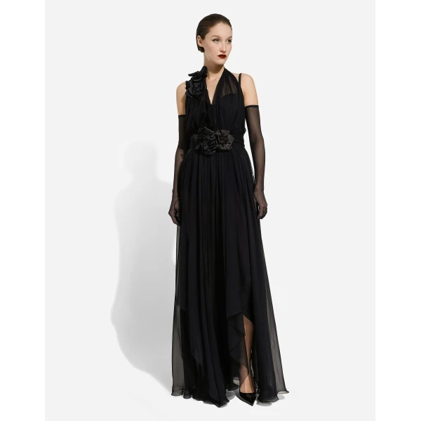 Dolce & Gabbana Long silk chiffon dress with floral appliqué, view 3