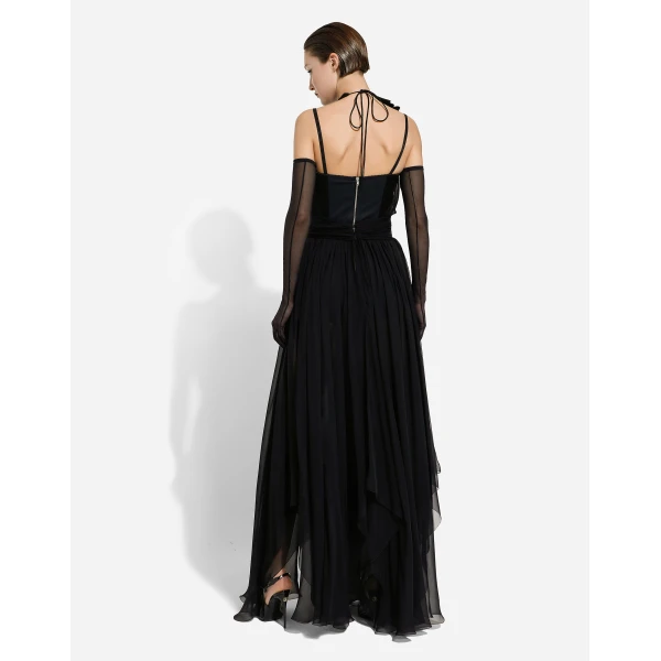 Dolce & Gabbana Long silk chiffon dress with floral appliqué, view 4