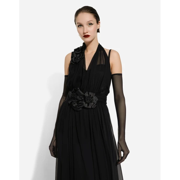 Dolce & Gabbana Long silk chiffon dress with floral appliqué, view 5