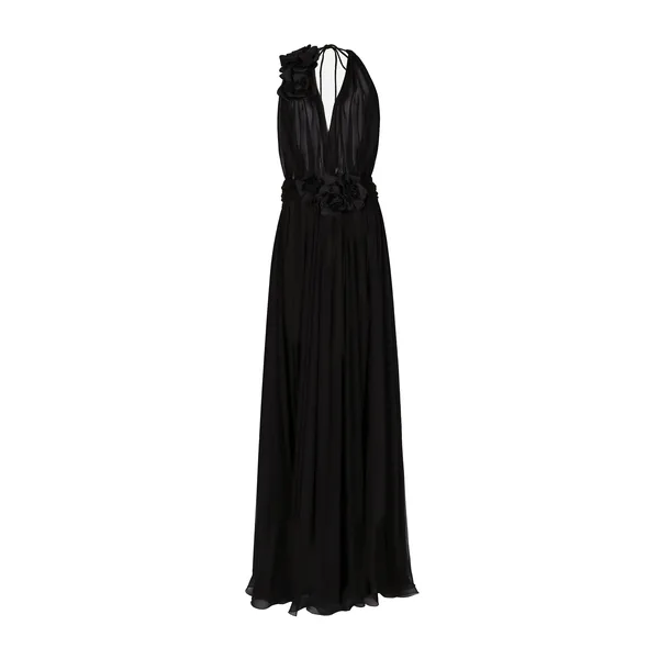 Dolce & Gabbana Long silk chiffon dress with floral appliqué